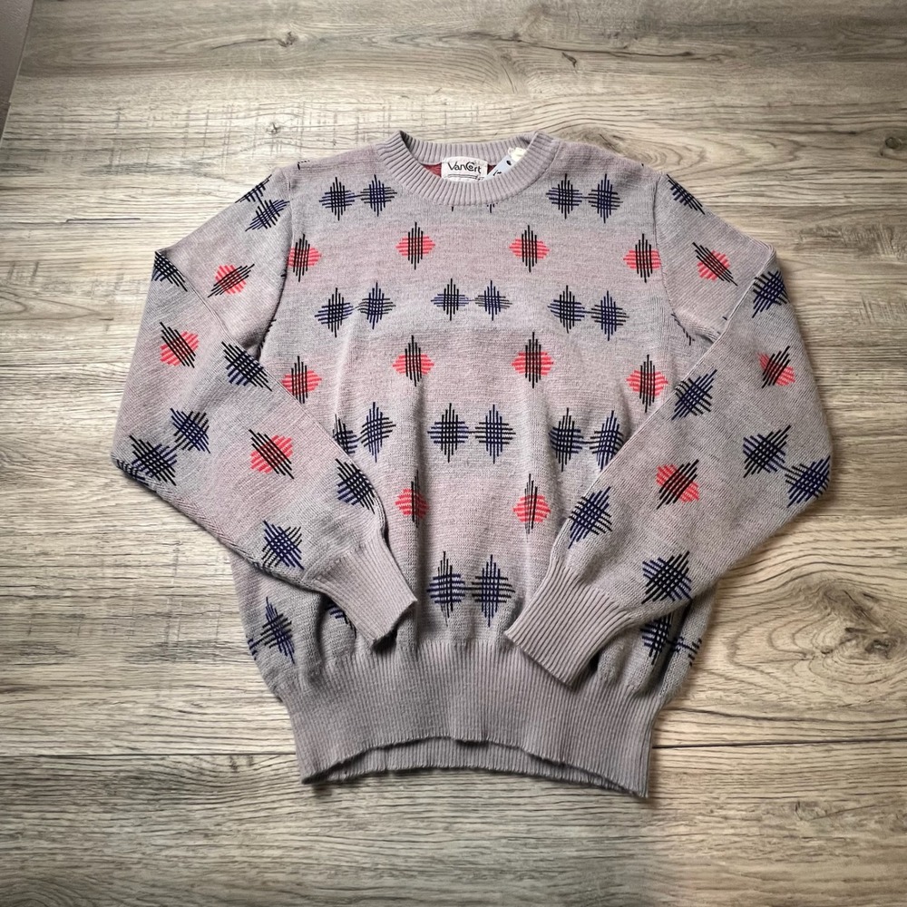 Van Cort Sweater Mens XL Gray Red Navy Geometric Diamond Intarsia Vintage Knit